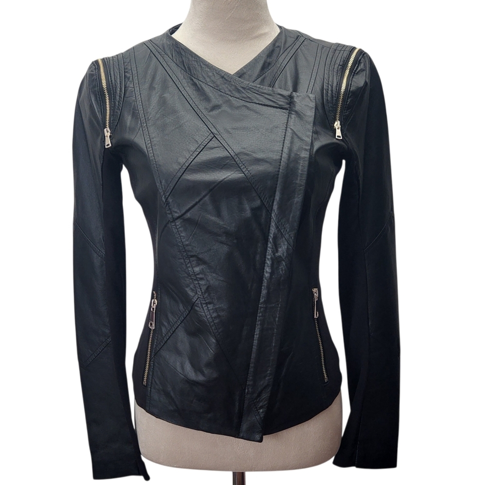 Bebe Black Leather Moto Jacket XS Asymmetrical Zip Stretch Panels Zipper Detail